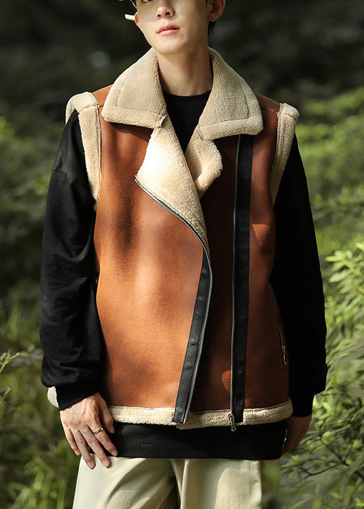 Casual Braun Reißverschluss Warme Fleece Faux Wildleder Männer Westen Frühling TK017