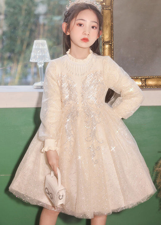 Casual Champagne Stand Collar Nail Bead Tulle Kids Long Dress Fall QV020