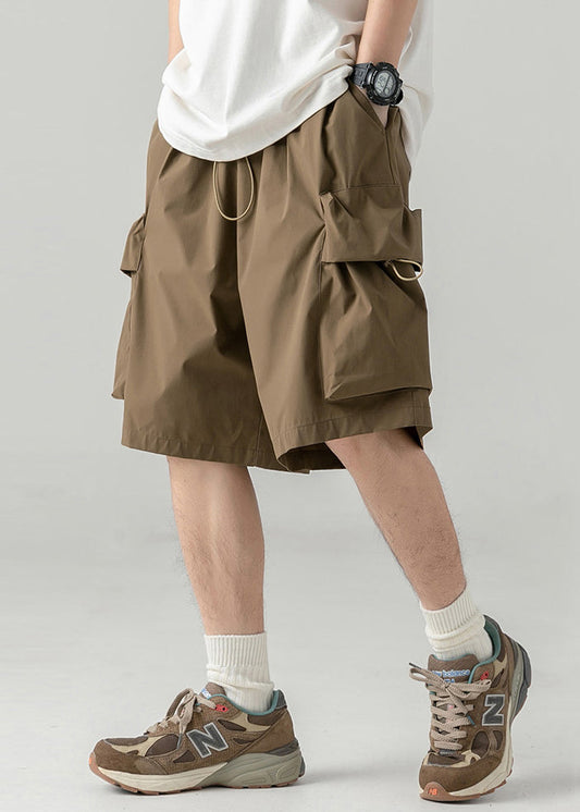 Coffee Cotton Men Pockets Summer Casual Shorts Drawstring