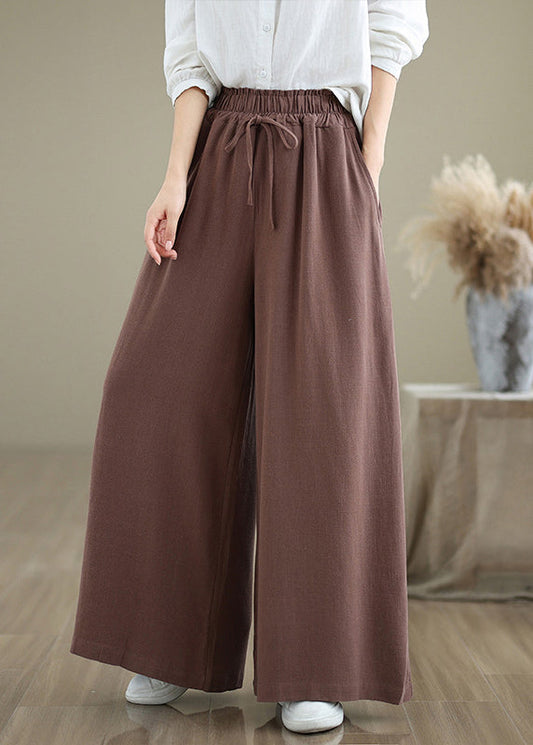 Casual Coffee Pockets Drawstring Cotton Wide Leg Pants Fall QO044