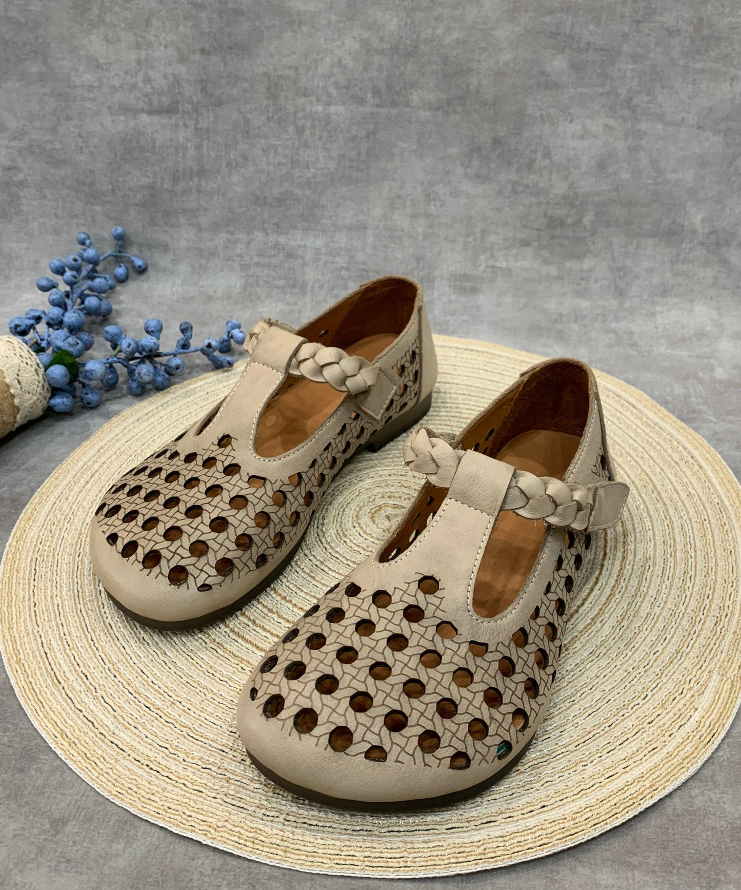 Casual Comfy Coffee Flat Shoes Hollow Out Cowhide Leather RT1019