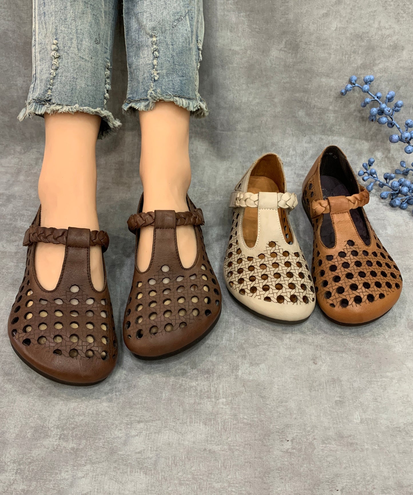 Casual Comfy Coffee Flat Shoes Hollow Out Cowhide Leather RT1019