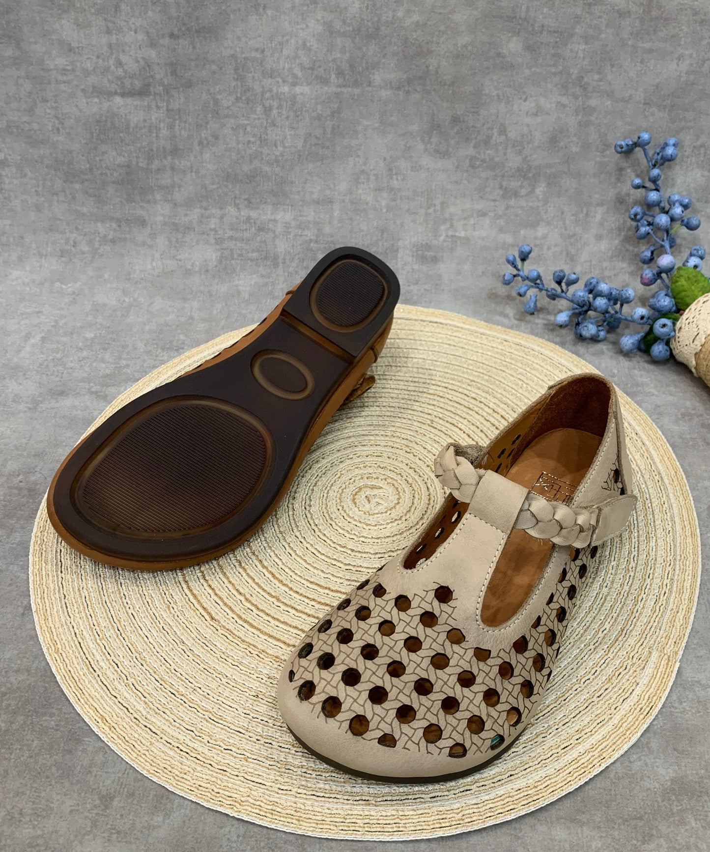 Casual Comfy Coffee Flat Shoes Hollow Out Cowhide Leather RT1019