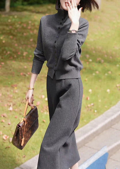 Casual Dark Grey Stand Collar Cotton Knit Cardigans And Maxi Skirts Two Piece Set Winter RF035