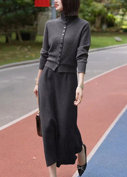 Casual Dark Grey Stand Collar Cotton Knit Cardigans And Maxi Skirts Two Piece Set Winter RF035