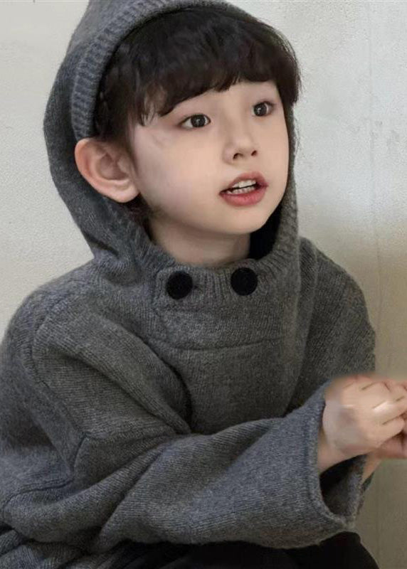 Casual Dark Grey Thick Patchwork Cotton Knit Kids Hooded Sweater Spring TP034