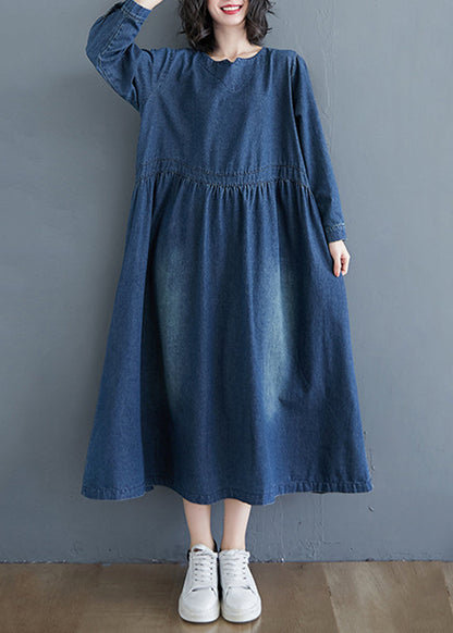 Robe longue décontractée en denim bleu patchwork à manches longues GH1072