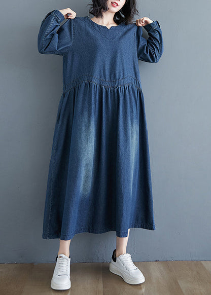 Robe longue décontractée en denim bleu patchwork à manches longues GH1072