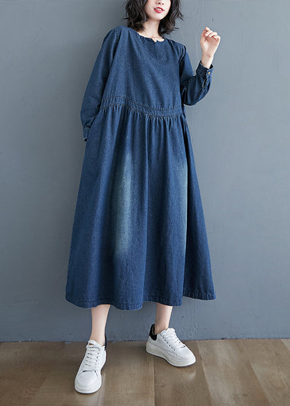 Robe longue décontractée en denim bleu patchwork à manches longues GH1072