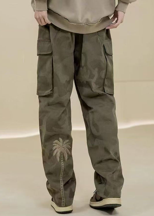 Pantalon camouflage décontracté avec poches vertes brodées en coton pour homme