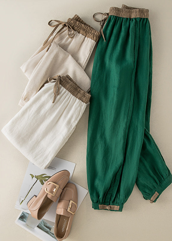 Casual Green Elastic Waist Thin Linen Crop Pants Summer BV059