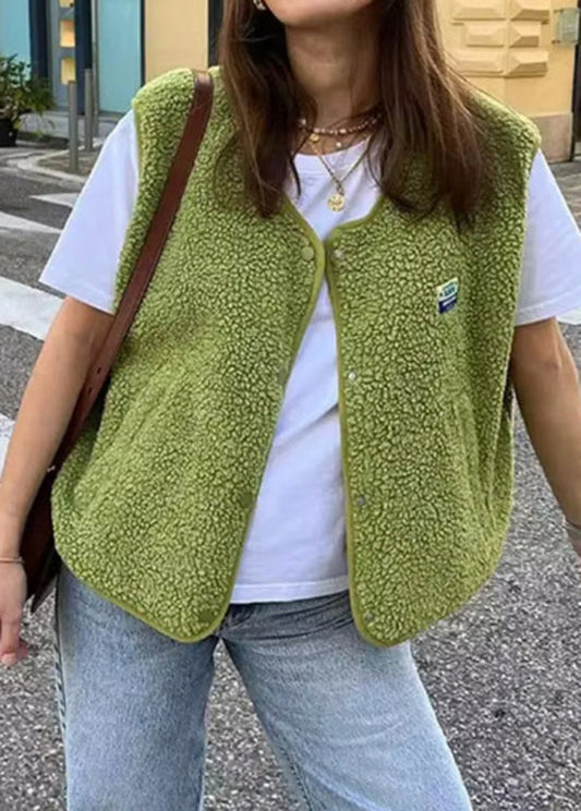 Casual Green O Neck Faux Fur Vest Sleeveless QY024