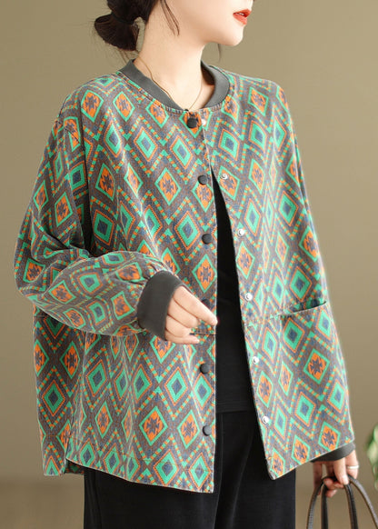 Manteau en jean vert décontracté à col rond et poches imprimées, printemps TJ001