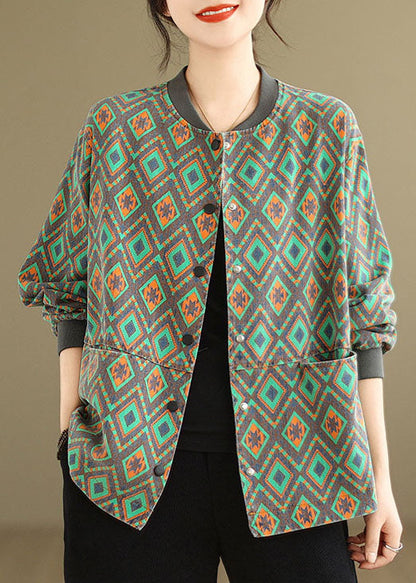 Manteau en jean vert décontracté à col rond et poches imprimées, printemps TJ001
