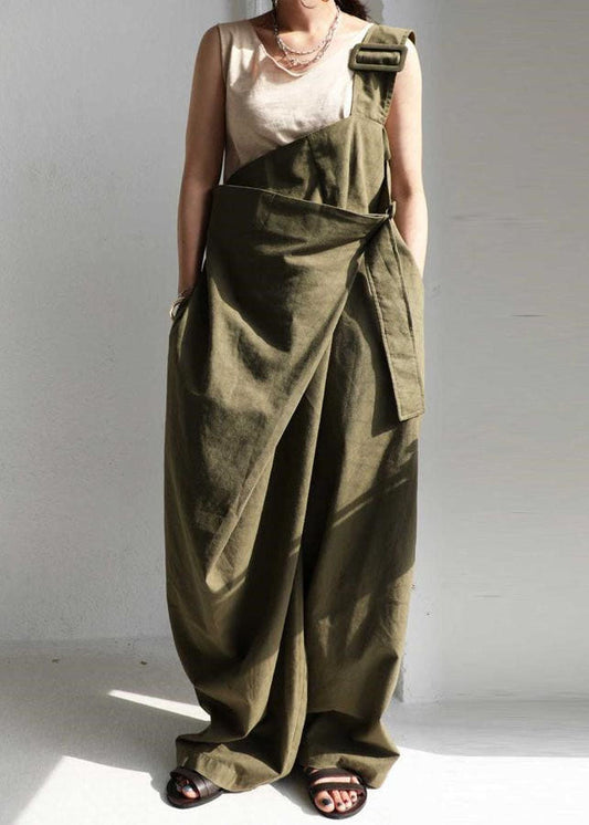 Lässiger grüner One-Shoulder-Taschen-Baumwoll-Träger-Jumpsuit Sommer TL030