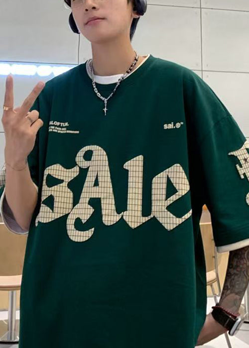 T-shirt en coton à imprimés d'été décontractés pour homme, vert, deux faux