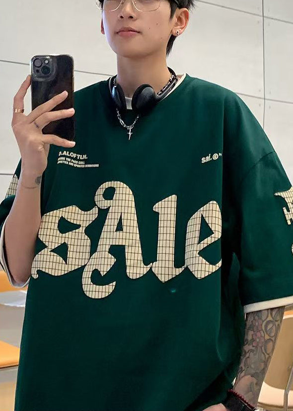 T-shirt en coton à imprimés d'été décontractés pour homme, vert, deux faux