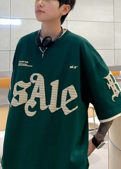 T-shirt en coton à imprimés d'été décontractés pour homme, vert, deux faux