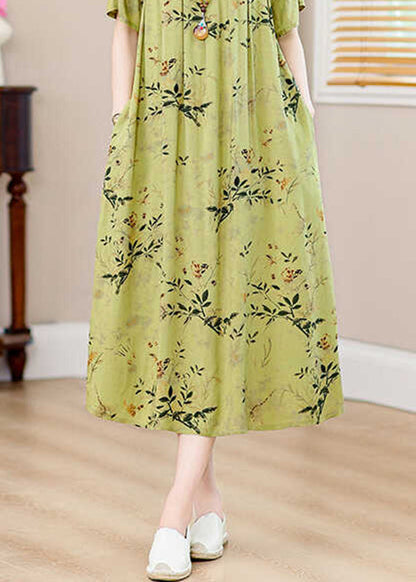 Robe longue décontractée en soie et coton avec poches et imprimé vert pour l'été QB013