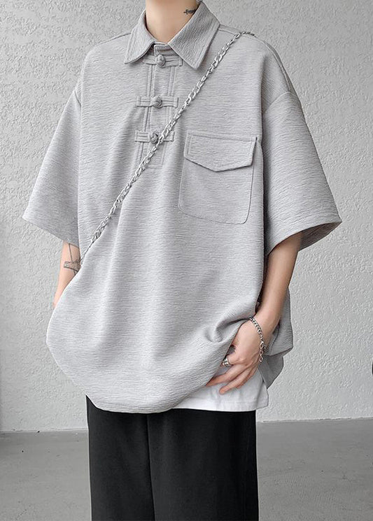 Grey Casual Half Cotton Pockets Button Oversized Polo Shirt Men