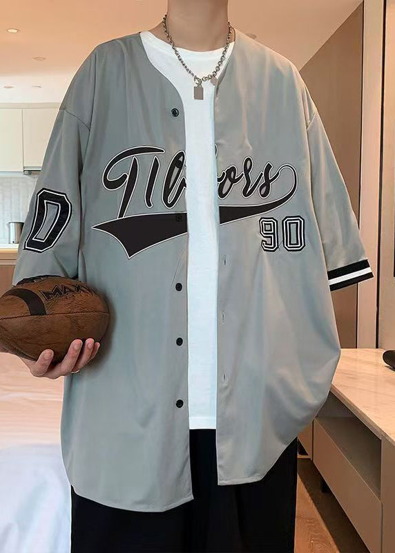 Casual Cotton Shirts Half Sleeve Mens Button Print Grey