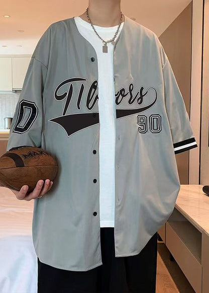 Casual Cotton Shirts Half Sleeve Mens Button Print Grey