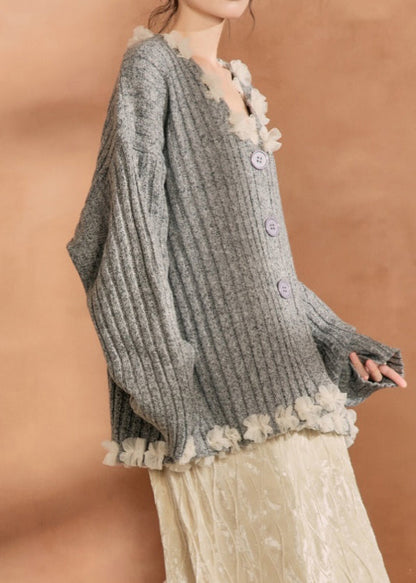 Casual Grey Button Tulle Patchwork Cotton Knit Cardigan Winter WN006