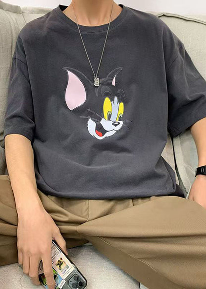 Print T Summer Cotton Casual Cats Men Grey Shirt