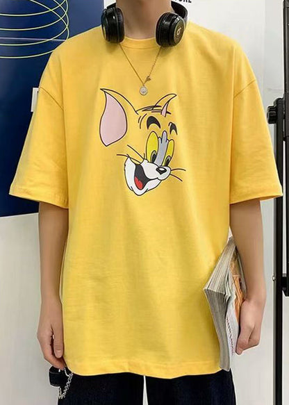 Print T Summer Cotton Casual Cats Men Grey Shirt