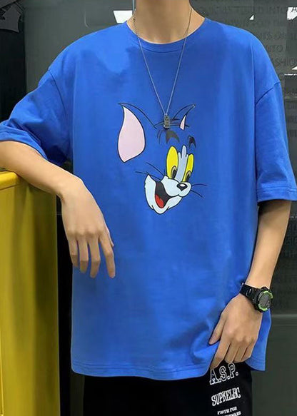 Print T Summer Cotton Casual Cats Men Grey Shirt