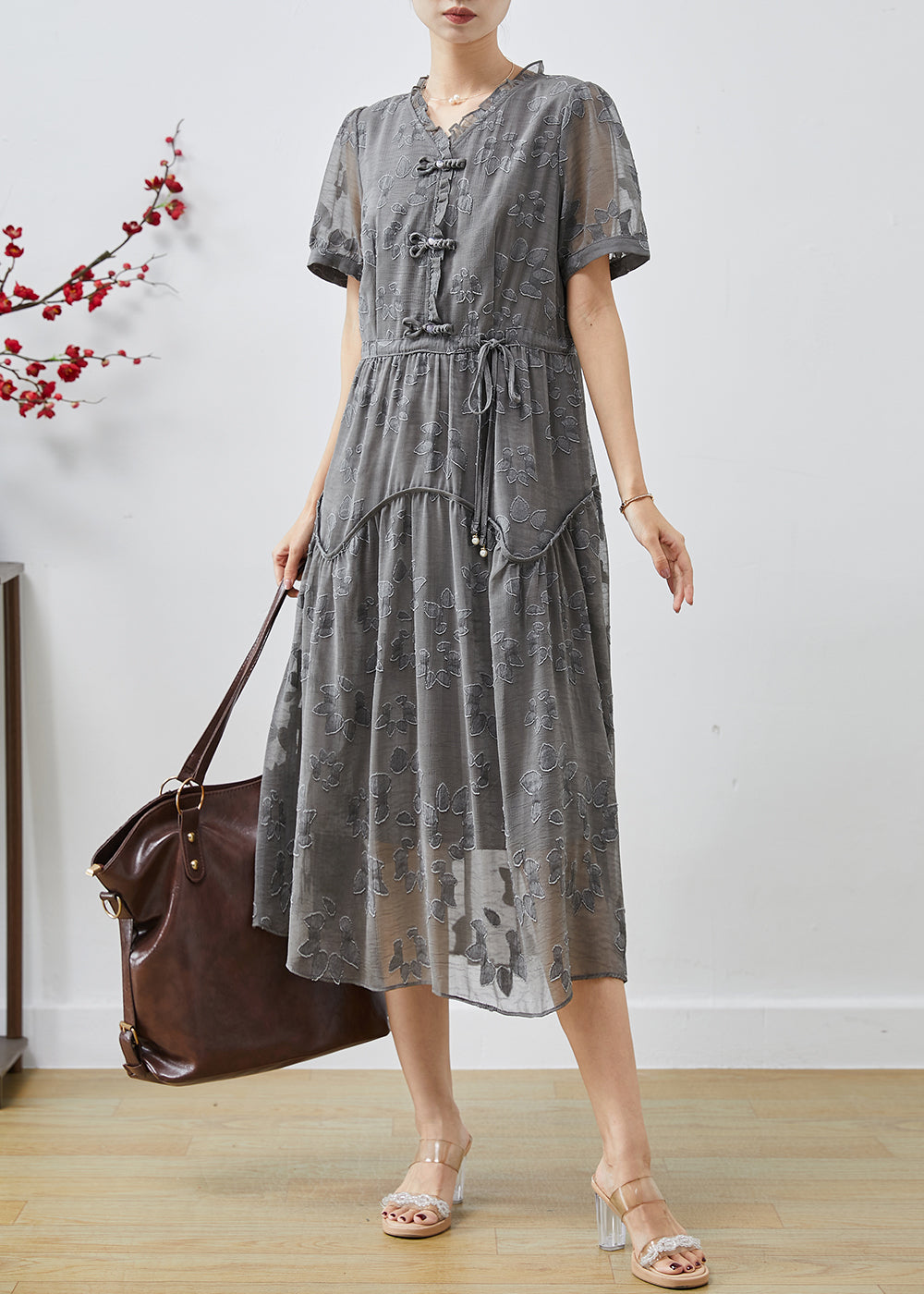 Casual Grey Cinched Jacquard Chiffon Dress Summer AP1068