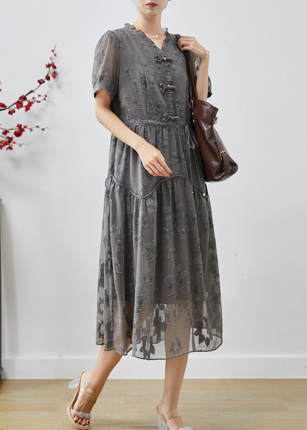 Casual Grey Cinched Jacquard Chiffon Dress Summer AP1068