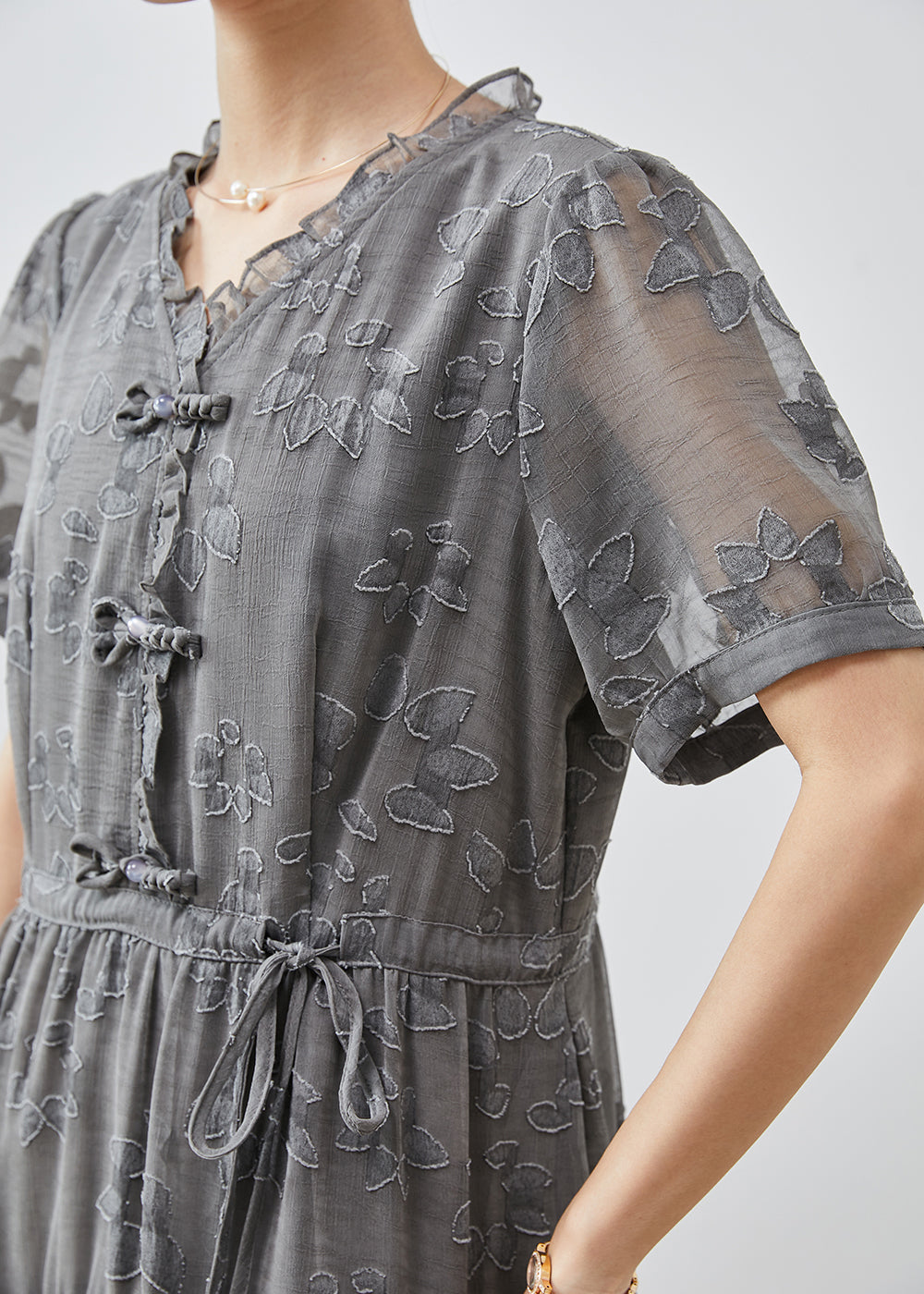 Casual Grey Cinched Jacquard Chiffon Dress Summer AP1068