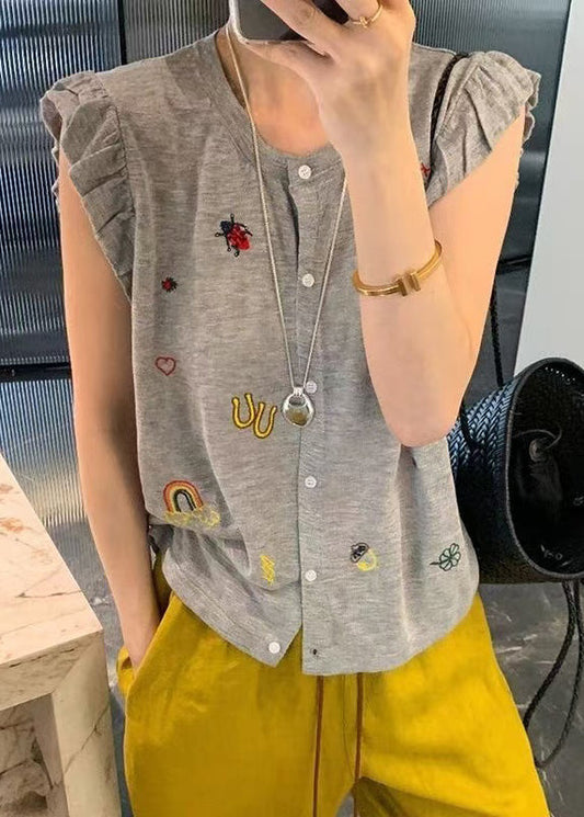 Button Vests Casual Cotton Grey Sleeveless Embroideried Down