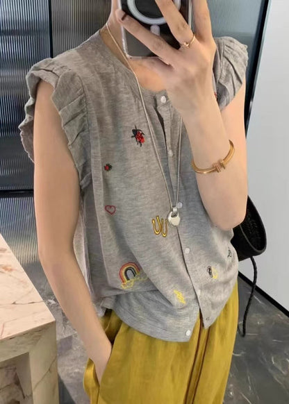 Button Vests Casual Cotton Grey Sleeveless Embroideried Down