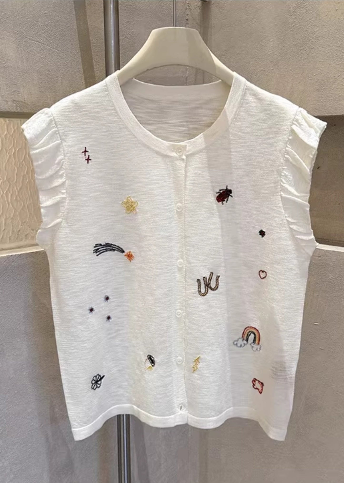 Button Vests Casual Cotton Grey Sleeveless Embroideried Down
