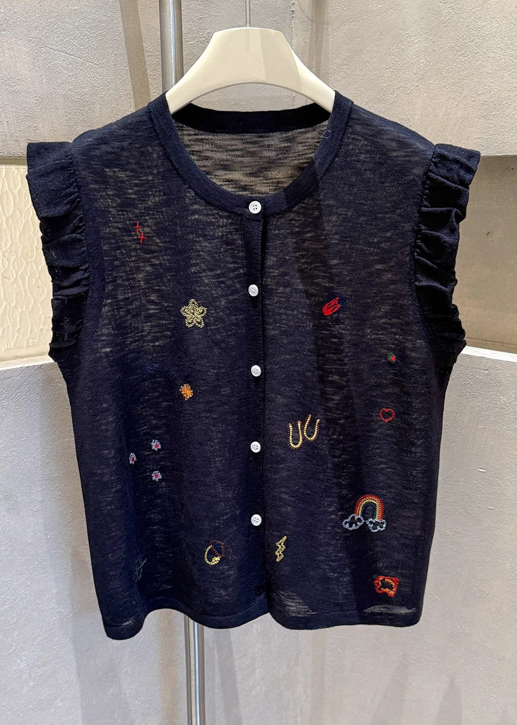 Button Vests Casual Cotton Grey Sleeveless Embroideried Down