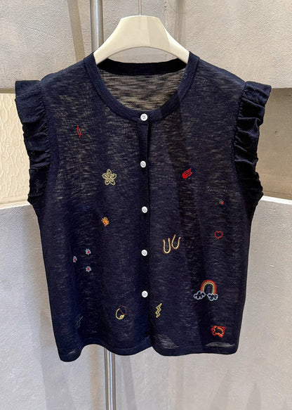 Button Vests Casual Cotton Grey Sleeveless Embroideried Down