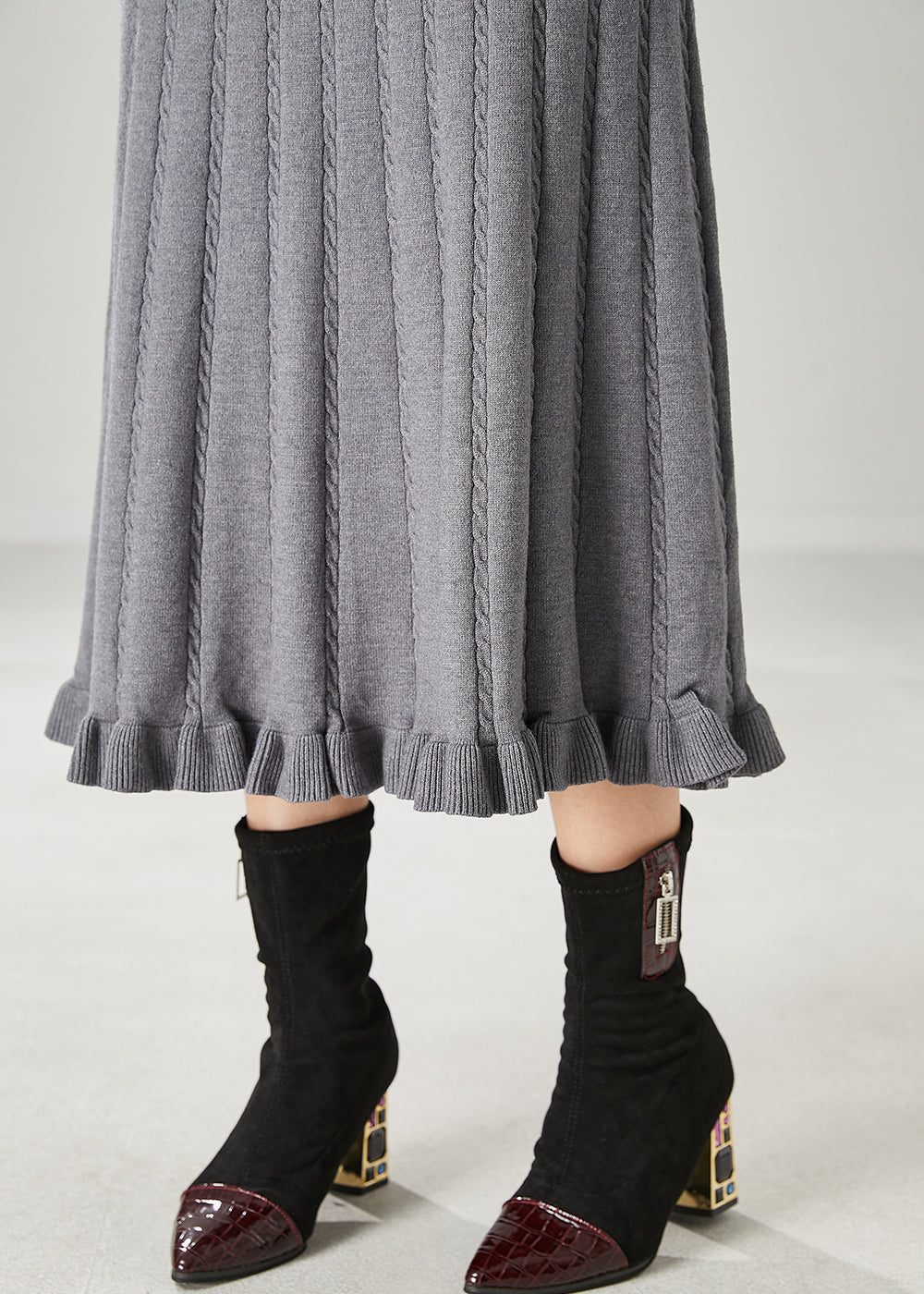 Casual Grey Ruffled Exra Large Hem Knit Skirts Spring YU1045