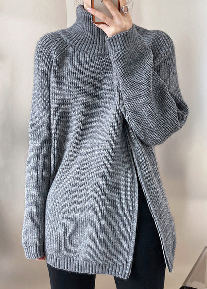 Pulls en tricot de coton épais à col roulé gris décontractés Automne QE073