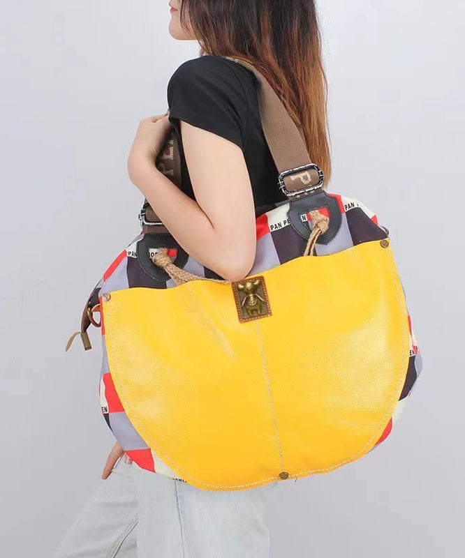 Casual High-Capacity Cowhide Patchwork Canvas Satchel Bag Handbag Ada Fashion