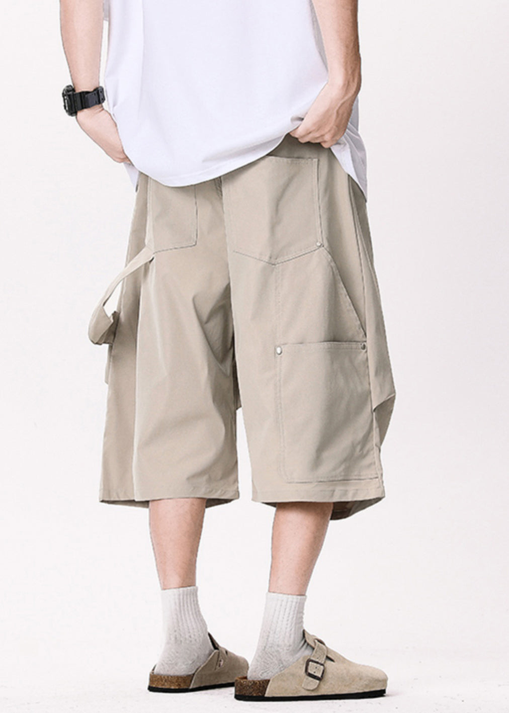 Casual Khaki Asymmetrical Pockets Patchwork High Waist Men Pants YT005