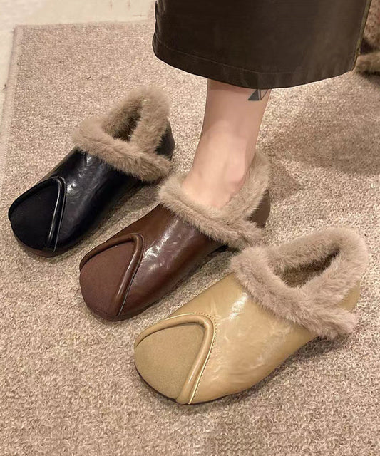 Lässige Khaki-Komfort-Spleißen-Plattfuß-Schuhe mit flauschigem Wollfutter TE021