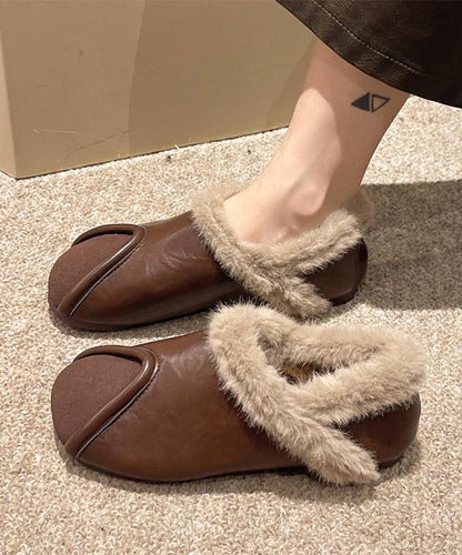 Lässige Khaki-Komfort-Spleißen-Plattfuß-Schuhe mit flauschigem Wollfutter TE021