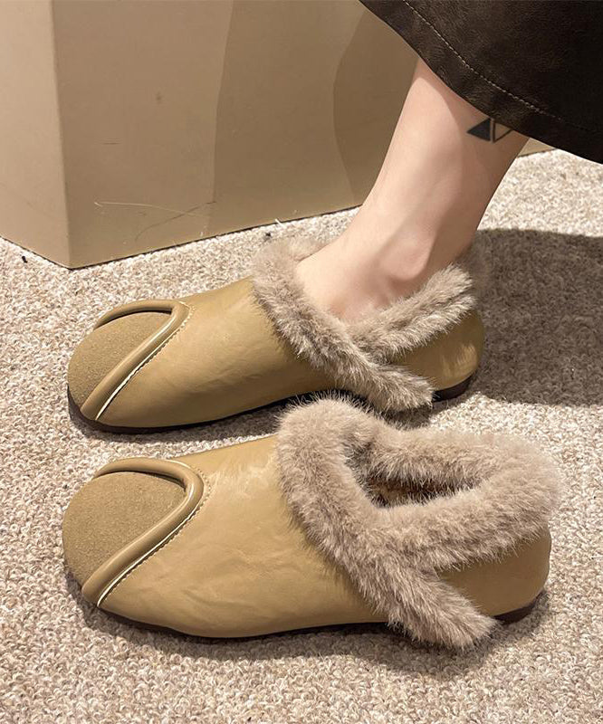 Lässige Khaki-Komfort-Spleißen-Plattfuß-Schuhe mit flauschigem Wollfutter TE021