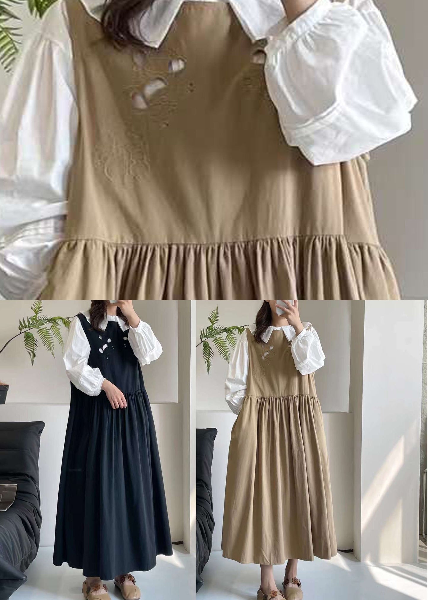 Casual Khaki Hollow Out Long Dress Sleeveless BV037