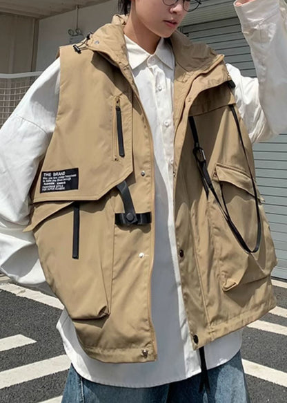 Lässige Khaki Kapuzentaschen Baumwolle Herren Weste Frühling RN007