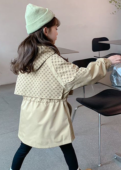 Trench-coat décontracté à capuche pour enfants, kaki, col montant, cordon de serrage, imprimé, automne QV032