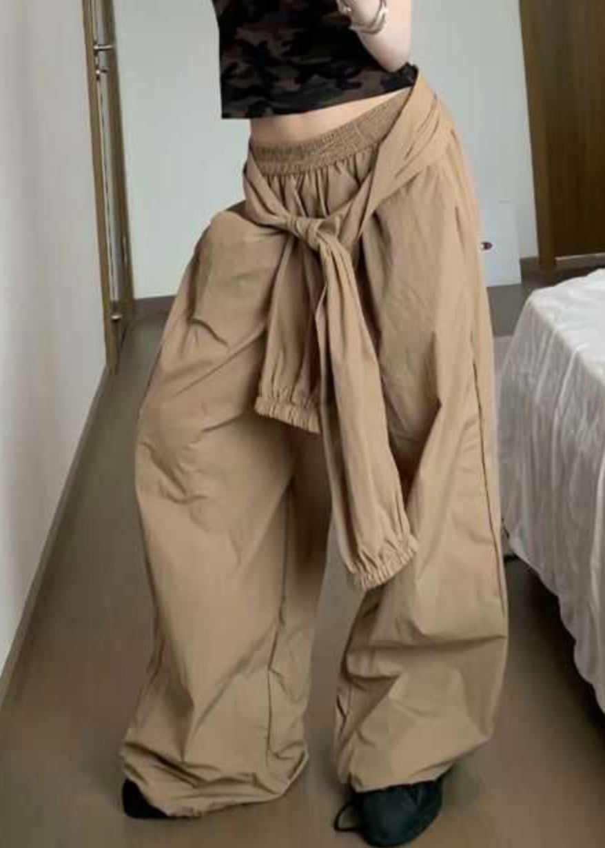 Casual Khaki Pockets Elastic Waist Cotton Pants Summer PP001