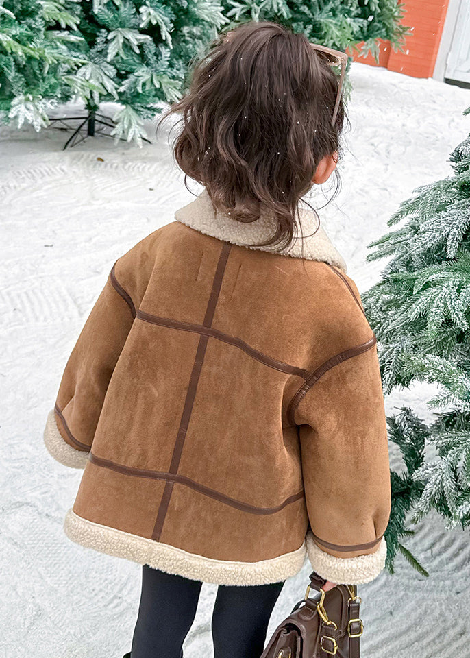 Casual Khaki Taschen Patchwork Dicke Warme Fuzzy Wolle Gefüttert Mädchen Mäntel WinterTG027